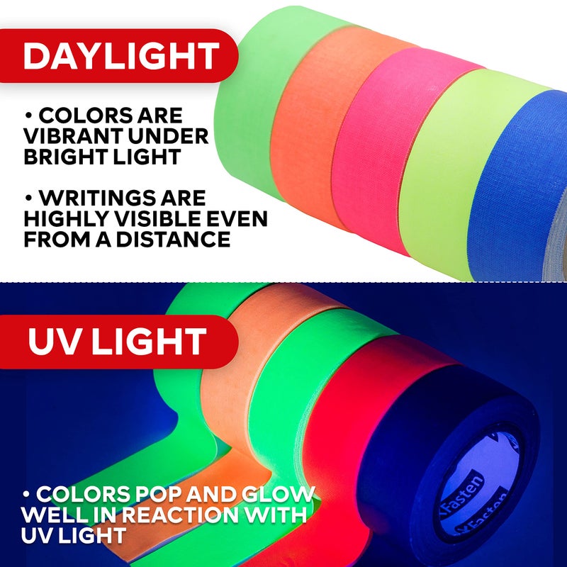 XFasten Multicolor Neon Gaffer Tape, 1-inch x 18-feet Multipurpose Gaffers Tape (5-Pack), UV Backlight Reactive Fluorescent Pro Gaff Tape, Heavy Duty Matte Fluorescent Gaffers Tape - Image 4